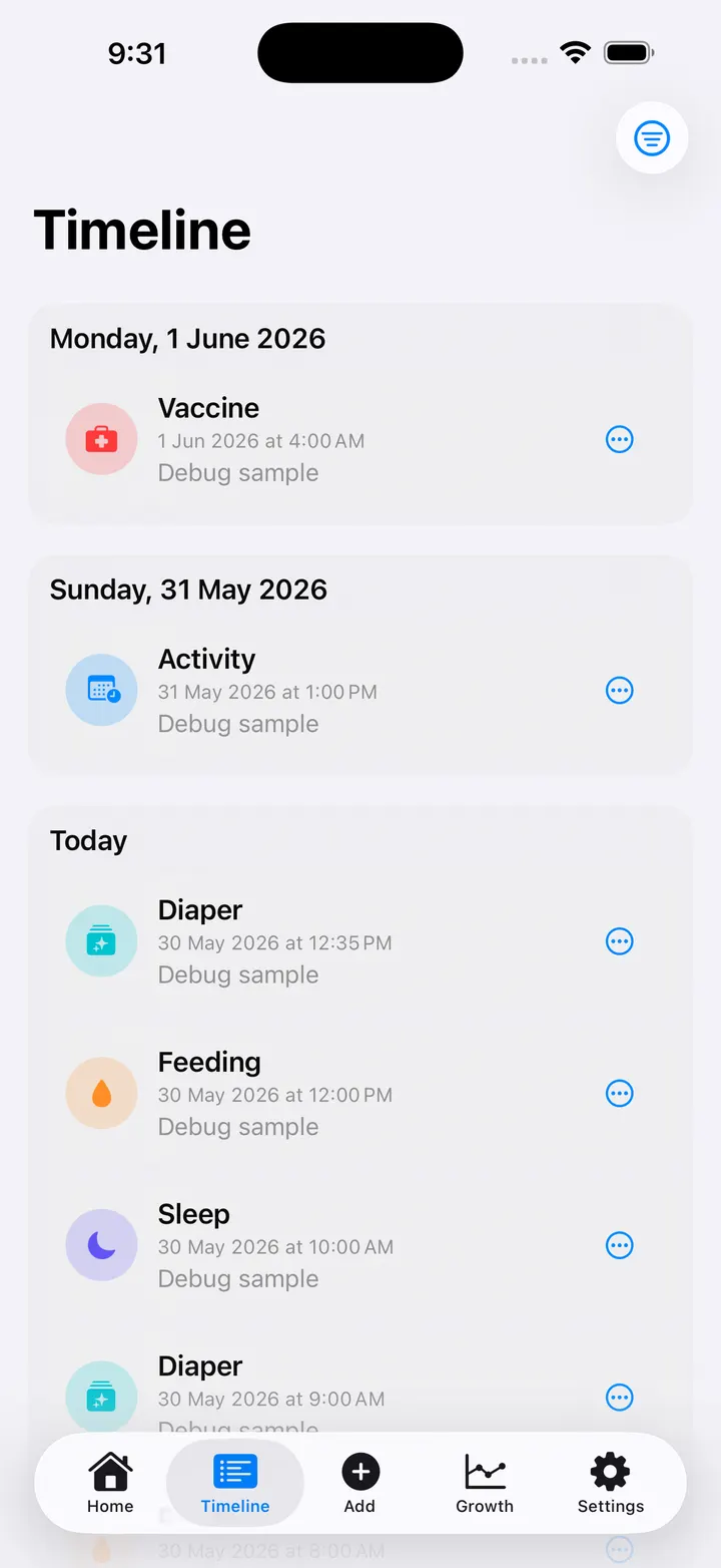 BambinoTrack Timeline screen showing grouped baby care event history